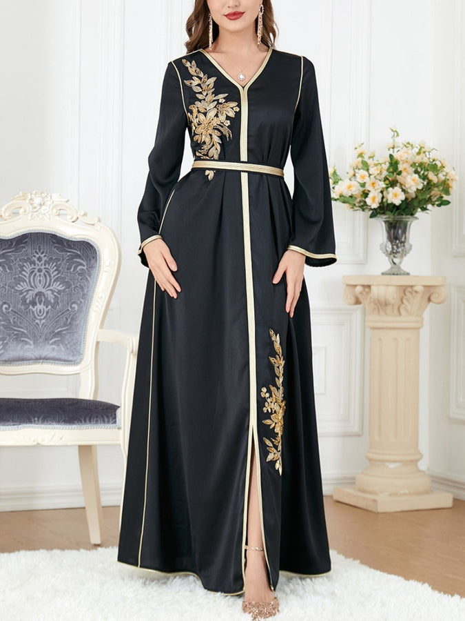 Gold Flowers Bind Design Split Long Sleeve Elegant Gown