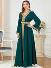 Green Embroidery Print Binded Design V Neck Long Sleeve Dress