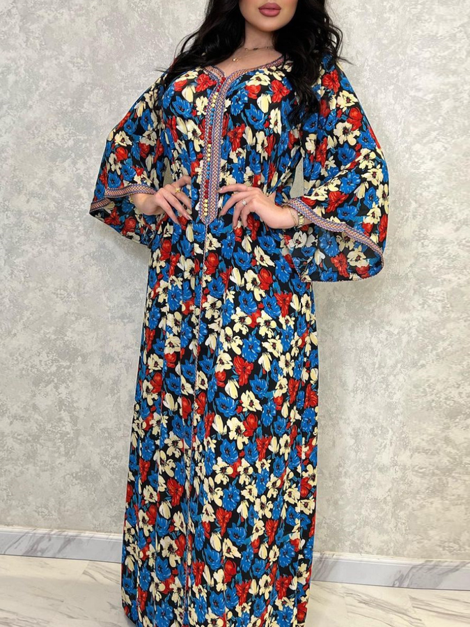 Floral Print Long Sleve V Neck Kaftan Dress