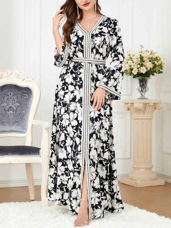 White Flowers Binded Split Design V Neck Long Sleeve Gown