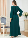 Green Embroidery Print Binded Design V Neck Long Sleeve Dress