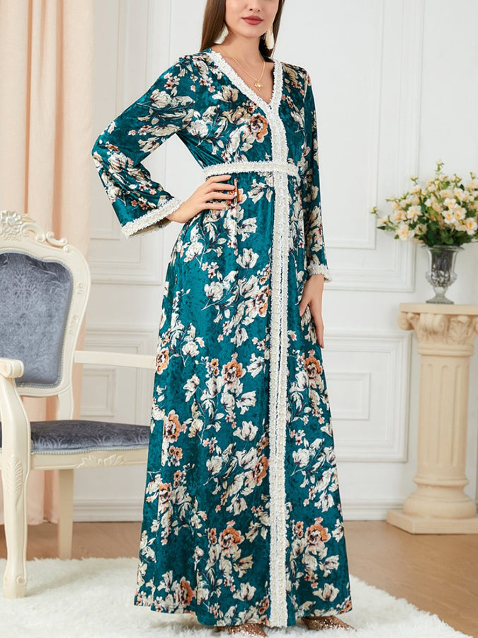 Flowers Printed Pearl Design V Neck Long Sleeve Green Dress