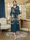 Bubble Sleeve Pleated Design Golden Print V Neck Gown