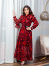 Floral Print Belted Long Sleeve Tie Neck Kaftan Dress