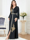 Gold Flowers Bind Design Split Long Sleeve Elegant Gown