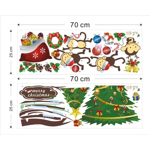 2pcs Lovely Monkey Christmas Removable Wall Stickers Art Decals Mural DIY Wallpaper for Room Decal 25 * 70cm